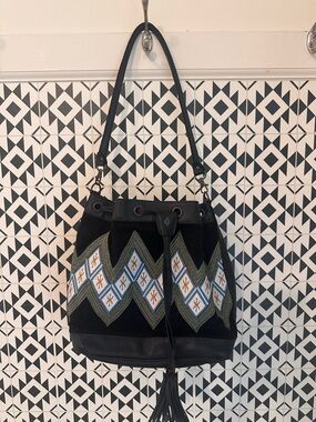 Black Embroidered Bucket Bag with Tassel
